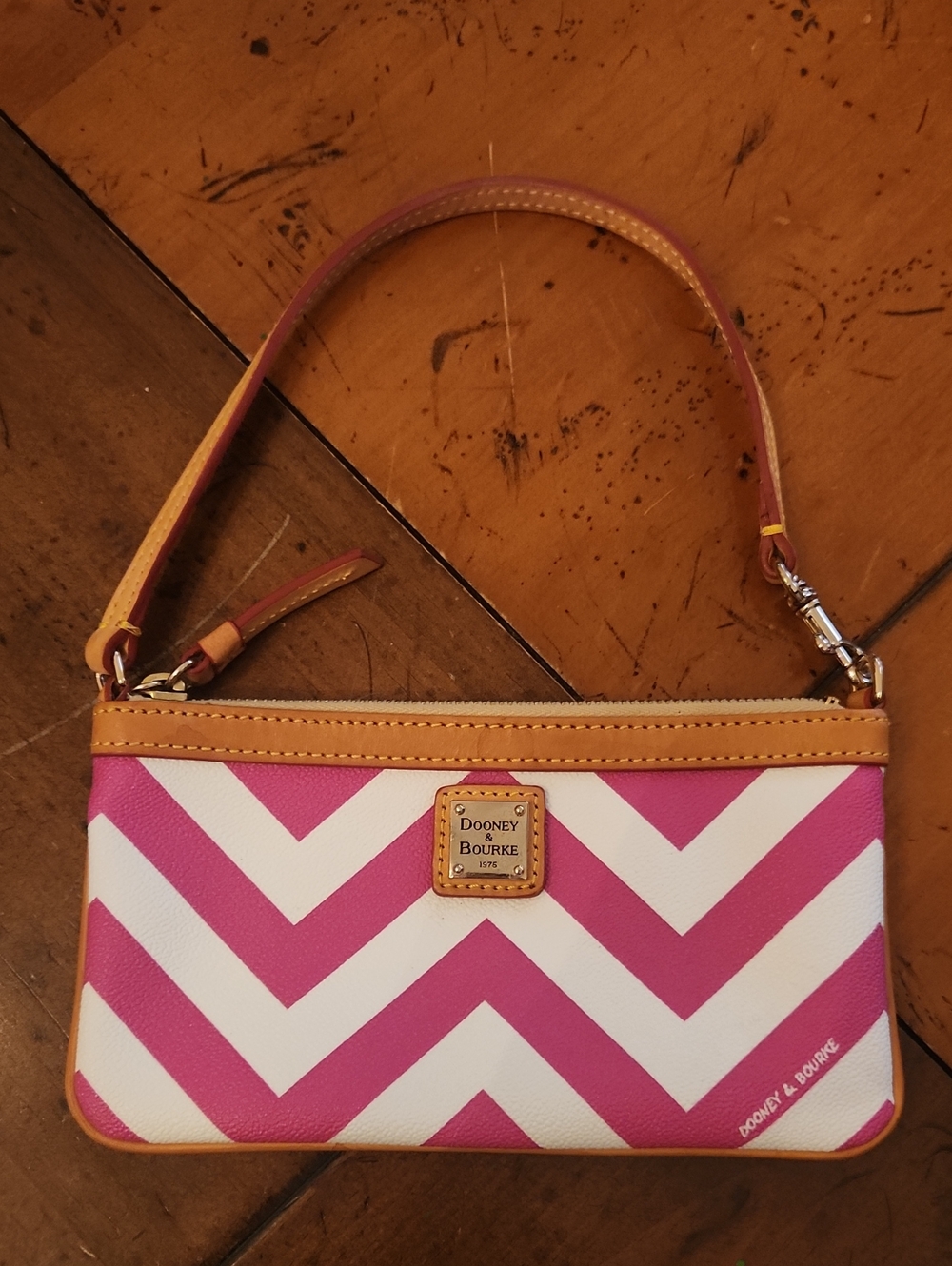 Dooney & Bourke Pink and White Chevron Wristlet with Tan Trim